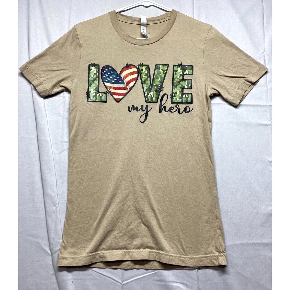 Bella + Canvas T Shirt Womens Small Beige Love My Hero Graphic Print Cotton